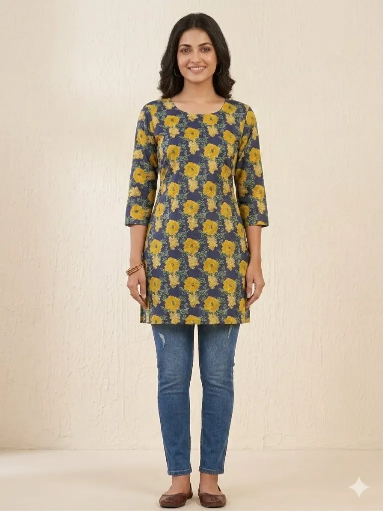 short classic blue and yellow  kurti.webp