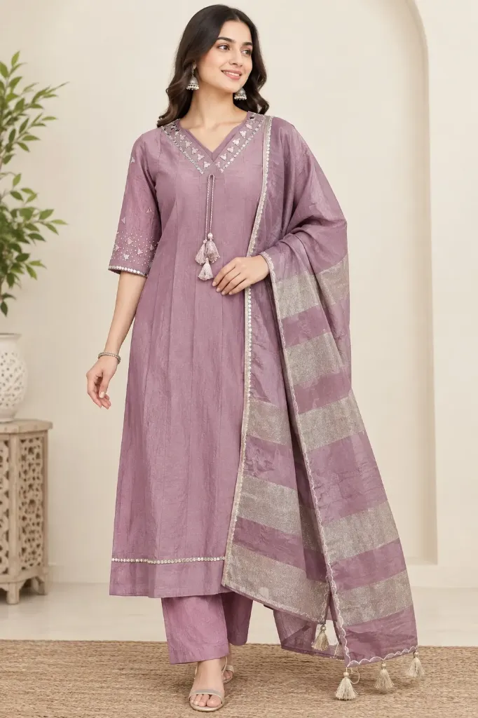 Mirror Work Embroidered Anarkali Suit Set with Dupatta