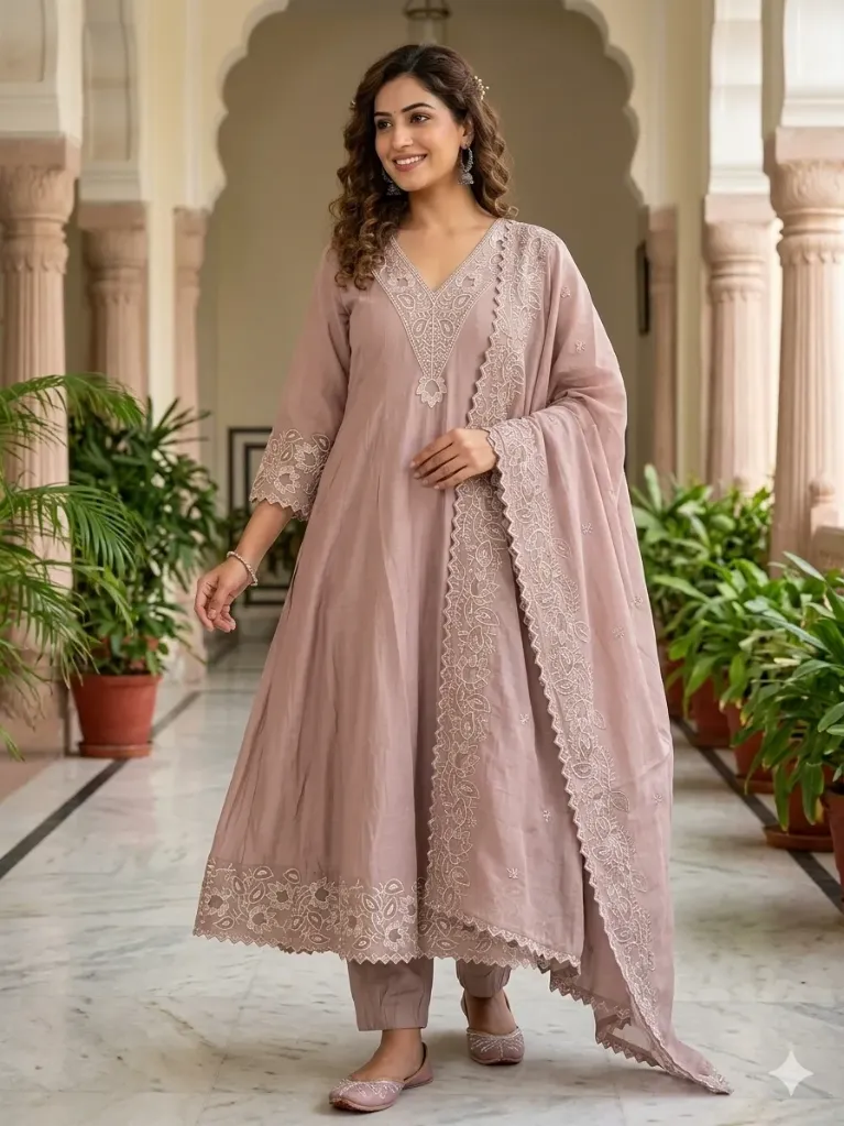 Embroidered V-Neck Kurta Salwar Suit Set with Dupatta