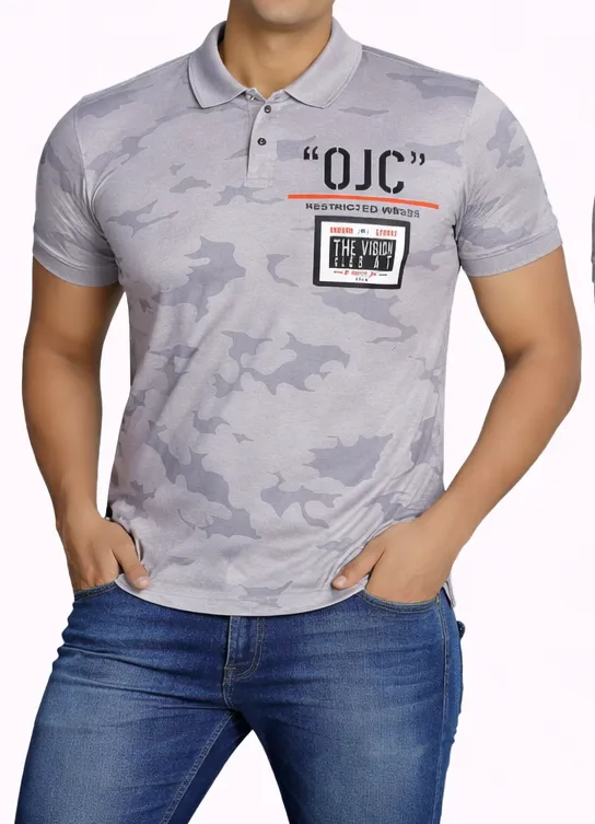 Grey Camouflage Printed Polo T-Shirt for Men's