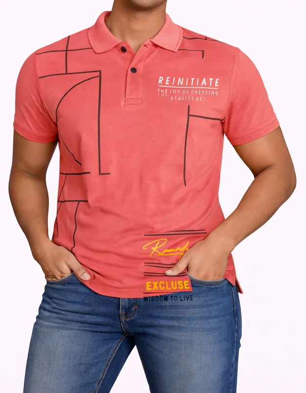 Collar  Pink Printed T-Shirt Men Wear Cotton Blend Cross Stitch Finest Clothing