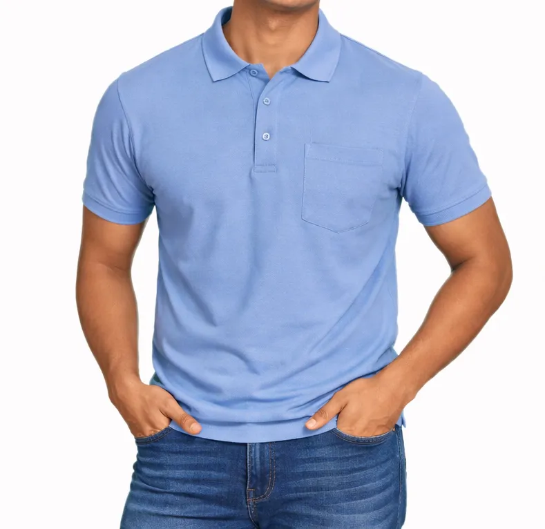 Men Sky Blue Solid Polo Collar T-Shirt with Pocket (S)